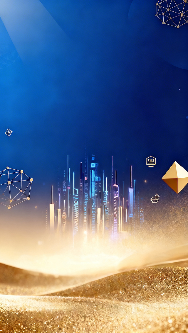 未来感科技城市，鎏金粒子流光溢彩，几何线条勾勒虚拟现实，3D光影交织梦幻空间。