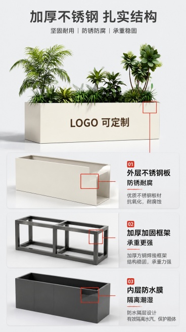 [第4屏] 材质结构解析页-不锈钢花箱箱体结构拆解。本屏使用【图1】产品主体进行结构展示。
[氛围/风格] 专业解析风格，清晰直观，工业质感，突出材质工艺。
[元素布局] 产品主体放置画面偏上位置，占预览效果