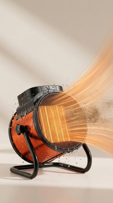 在参考图的基础，保留主体，生成一张电商产品图，体现出桌面暖风机防水飞溅 防水防尘 场景，产品内部加热区发光效果，线条感暖风大面积输送效果。真实8K预览效果