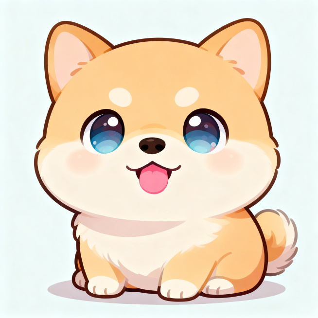 可爱Q版戌狗，圆滚滚的软萌造型，大大的水汪汪眼睛，毛色柔软柔和，吐着小小的粉舌头，神态乖巧治愈，色彩明亮清新，卡通插画风格，纯色简约背景，整体风格软萌可爱预览效果