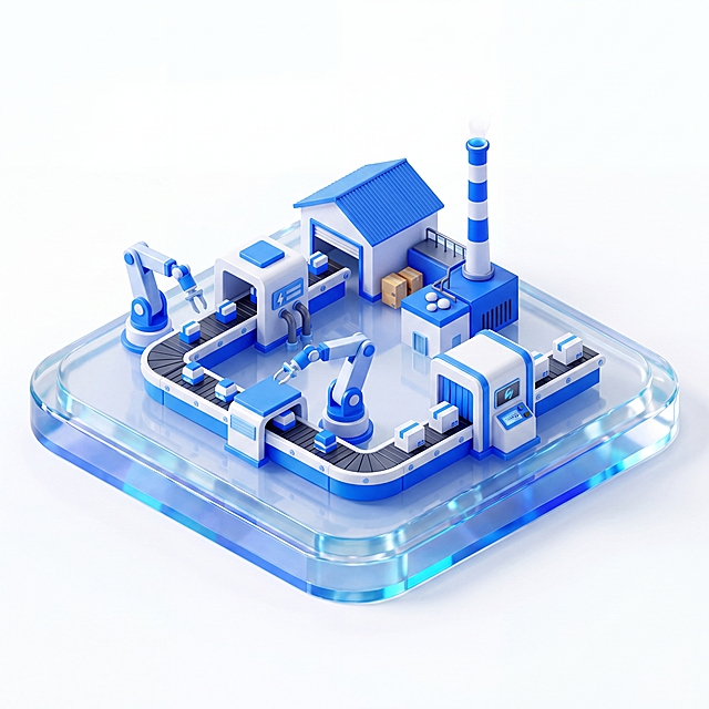 生成一个工业生产流水线的3D等距图标模型，风格和参考图一致，使用蓝白配色，整体放置在透明玻璃质感的方形底座上，3D渲染，立体可爱，干净简约背景