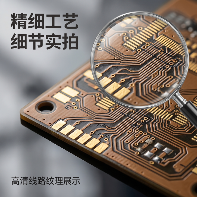 [主图 3] PCB线路板材质细节特写图。[氛围风格] 专业工业风，突出材质精细质感。[画质] 商业摄影质感、微距特写清晰、纹理细节丰富、画面干净高级。[元素] 放大镜效果放大展示PCB线路板的线路铜预览效果
