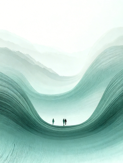 去掉图片底部的文字@ZIMAI | IMAGINATION FLOURISH，保持原图的青绿色抽象山脉意境和三个人物剪影，保留原有渐变风格和纹理细节，文字区域填充与原图一致的背景风格预览效果