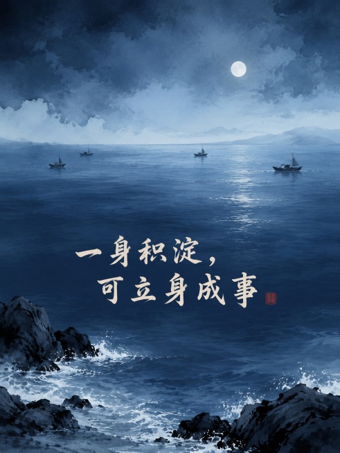 深蓝色静谧大海，海浪轻拍岸边礁石，远处海天一色，几叶扁舟飘于海面，无人物，水墨国风风格，画面中央下方配书法文字"一身积淀，可立身成事"，色调沉静雅致预览效果