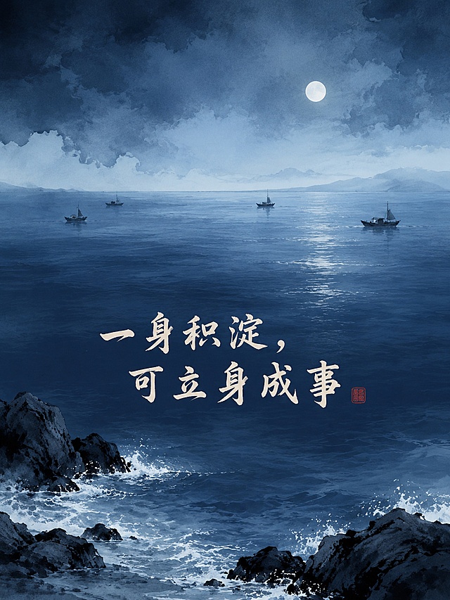 深蓝色静谧大海，海浪轻拍岸边礁石，远处海天一色，几叶扁舟飘于海面，无人物，水墨国风风格，画面中央下方配书法文字"一身积淀，可立身成事"，色调沉静雅致