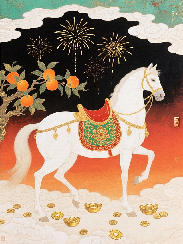 中式岩彩画风格马年喜庆插画，暖橙红高饱和色调，采用平涂式岩彩画工笔重彩风格，颗粒感肌理，画面视角为平视，中心对称构图。主体是一匹占画面 60% 比例的白色骏马，呈前蹄抬起的前行姿态，朝向画面左侧，身披红底绿金掐丝珐琅纹样鞍垫，鞍垫上固定着带硕果的橙树，橙树结有 3-4 颗饱满的橙色果实，枝叶繁茂。骏马脚下是散布的金色元宝、铜钱，踏在米白色祥云纹理的地面上。背景层次丰富：底层为暖橙红色渐变底色；中层是深黑色圆形夜空，点缀 4-5 组金色放射状烟花纹样，夜空边缘环绕白色祥云；上层是青绿山水轮廓与红墙金瓦的中式建筑一角；左上角悬浮一枚金色方孔铜钱，整体营造出马年 “马上有财、万事大吉” 的喜庆寓意，元素间以色彩呼应和层次叠加形成统一的视觉叙事。