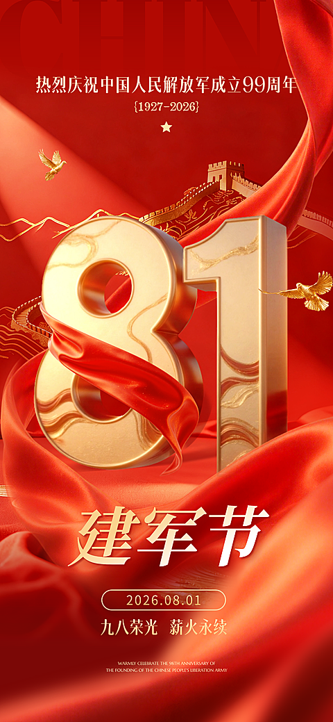 建军节八一祝福红金大字喜庆感全屏竖版海报