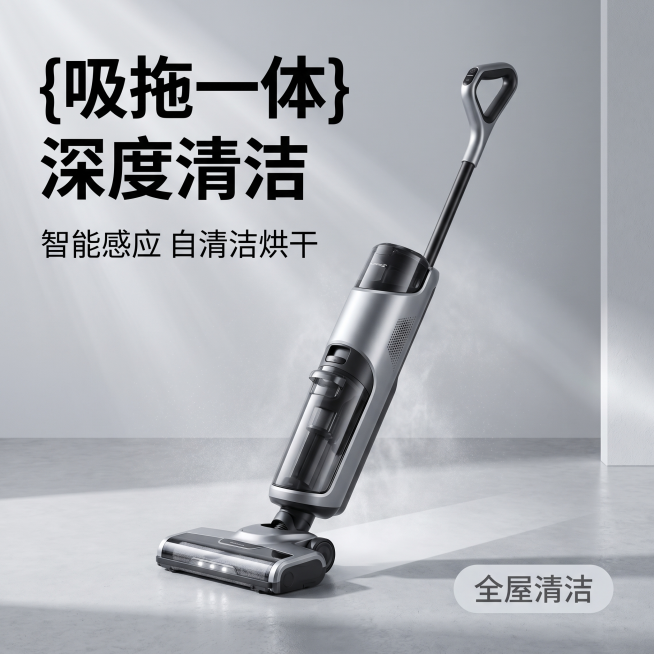 [主图 1] 智能无线洗地机首图；[氛围风格] 现代简约科技风，高端家居质感；[画质] 商业摄影质感，光线柔和通透，产品清晰真实，画面干净高级；[元素] 智能无线洗地机居中倾斜放置，机身银灰配色搭配黑预览效果