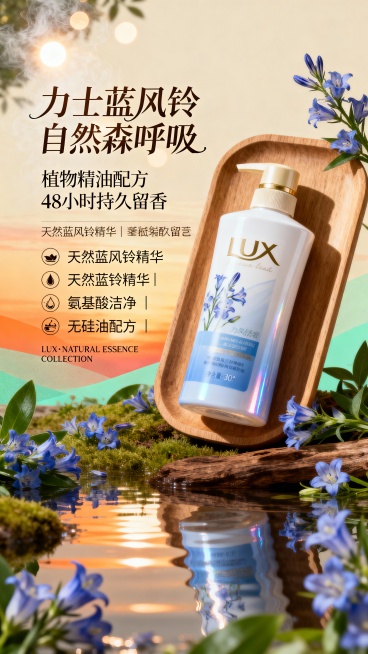 力士蓝风铃洗发水产品主视觉，暖色系森系风格海报。右侧为产品主体，占据画面右部约2/5空间，瓶身30°倾斜放置于木质托盘上，瓶身洁净有细微光泽。左侧为文字区域，背景有渐变光感。主标题“力士蓝风铃 自然森预览效果