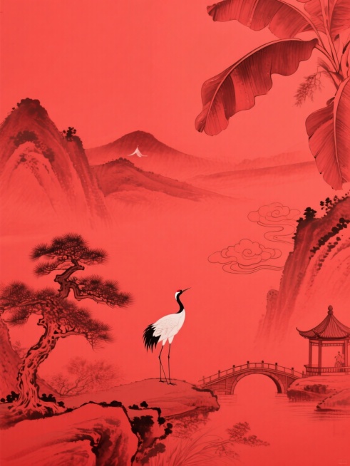 蕉红色纯色背景，绛红色中国传统水墨风格山水画，仅使用绛红色，无其他颜色，包含远山、青松、仙鹤、祥云、小桥、亭台等国风元素，线条流畅简洁，水墨晕染效果自然，画面空灵雅致，富有东方意境预览效果