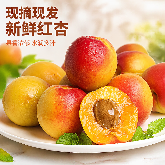 [主图-1] 新鲜红杏鲜果展示首图。[氛围风格] 新鲜自然，突出浓郁食欲感；[画质] 商业摄影质感，光线柔和通透，产品清晰真实，画面干净高级。[元素] 多个完整红杏和一个切开的红杏摆放在白色瓷盘上，搭配新鲜薄荷叶点缀，红杏色泽红润鲜艳，切开后果肉金黄水润饱满，能看到圆润的果核。保持红杏产品外观（物理结构、材质质感、颜色）与输入产品图绝对一致，杜绝任何变形和色差，精细化处理。商品主体占比严格控制在65%左右，画面满屏无边框。[光影] 自然暖阳侧逆光，突显果肉通透的金黄色泽和水润质感，光线柔和不生硬，高光不溢出，暗部有层次，整体通透不灰蒙。[配色] 主色调为红杏本身的红黄暖金色，辅助色为瓷盘白色和薄荷叶绿色，清新自然。[视角构图] 平视视角，红杏拼盘为视觉中心，前景背景层次分明，景深适中，产品轮廓完整不裁切。[文字版式] 左上角负空间左对齐留出安全边距，大字文案写"现摘现发"新鲜红杏，最大号加粗无衬线字体，红棕色文字；下方辅助小字写"果香浓郁 水润多汁"，字号缩小一半，同色系浅色调。[比例分辨率] 1:1比例，4k分辨率；文字清晰可辨，超高清。[负向提示词] 变形，水印，文字错乱，产品图模糊，背景杂乱