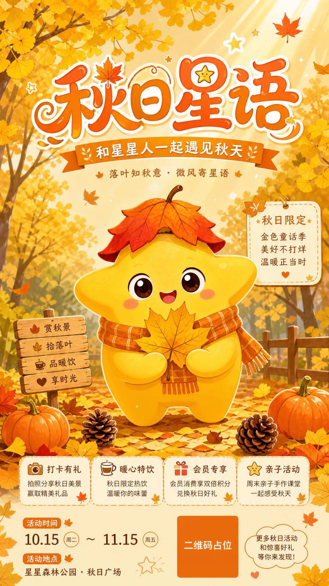 一张可爱风格的秋天主题海报，整体以温暖的金黄色为主色调。画面中… - 图片创意预览