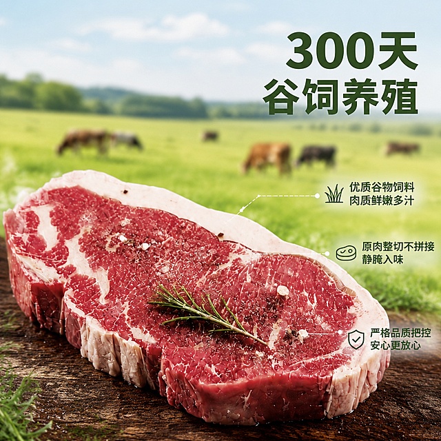[主图-2] 西冷牛排核心卖点产地溯源展示。氛围风格：生鲜牧场真实信任感，新鲜自然风。画质：商业美食摄影，细节清晰质感高级。元素：原肉整块切割西冷牛排放置前景，背景虚化展示天然牧场草原风光，绿色草地和远处牛群隐约可见。保持牛排产品外形纹理颜色与原图一致，精细化处理无变形。商品主体占比约65%，前景清晰背景虚化，层次感强。光影：自然晴天漫射光，整体光照均匀柔和，突出牛排红润新鲜色泽。配色：前景牛排红润油亮，背景清新草地绿色，对比自然和谐。视角构图：前景牛排主体斜向摆放，背景牧场虚化衬托，浅景深突出主体。文字版式：右侧叠加文字，顶部大字300天谷饲养殖，深绿色粗体；下方小字用引线标注各部位，原肉整切不拼接 静腌入味，小号深绿色字体清晰说明。所有文字不遮挡牛排主体，安全边距完整。输出要求：1:1比例，文字清晰可辨，超高清商业美食摄影质感。负向提示词：变形，文字错乱，牛排外形改变，背景杂乱，水印，平台Logo。