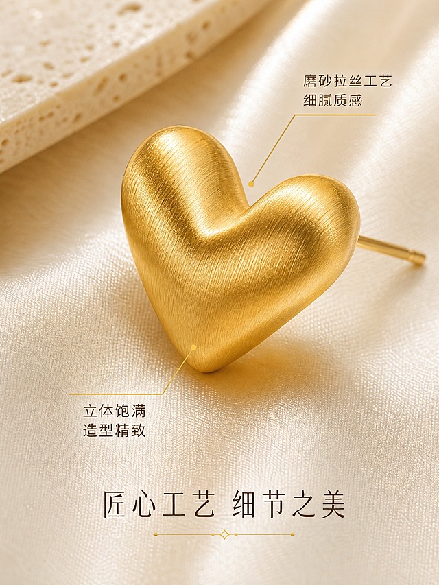 [商品] 使用【图1】拉丝爱心耳钉（金色款）；保留立体爱心造型、磨砂拉丝金属质感、金色外观、耳针结构；商品处理：微距增强拉丝纹理细节，清理表面微瑕，保持金属边缘锐利。
[画面] 第3张 细节工艺（微距质感型），目标展示磨砂拉丝工艺与立体造型。画面为爱心耳钉微距特写，单只耳钉斜45度角展示，主体占画面约60%。清晰呈现爱心的立体饱满弧度，表面磨砂拉丝纹理细腻可见，金属光泽柔和不刺眼。耳钉放置在浅香槟色丝绸面料上，丝绸褶皱与金属质感形成对比。画面有两条极细引线分别指向拉丝表面和爱心弧度。
[视觉] 套系策略：风格=高级轻奢珠宝商业摄影；标题字=纤细优雅无衬线体；正文字=简洁无衬线体；主色=奶油米白+香槟金；背景延展=基于奶油米白和香槟金做深浅层级、同色渐变和细腻岩板/丝绸/绒面质感；强调色=香槟金，仅用于小面积引线、装饰线和点缀；标题色=深暖棕；正文色=中暖灰；组件=极细金线、圆角浅底信息卡；光影=窄条轮廓光勾勒边缘+柔光箱正面补光，拉丝纹理呈现细腻纵向高光。
[文字] 引线标注：上方引线指向拉丝表面 "磨砂拉丝工艺 细腻质感"，下方引线指向爱心弧度 "立体饱满 造型精致"，文字为纤细无衬线体深暖棕色，不遮挡主体。画面底部居中一行主标题 "匠心工艺 细节之美"。
[规格] 图片比例3:4竖版，2K分辨率，拉丝纹理清晰细腻，金属质感真实，文字清晰可读，避免变形、错字、冷蓝背景。