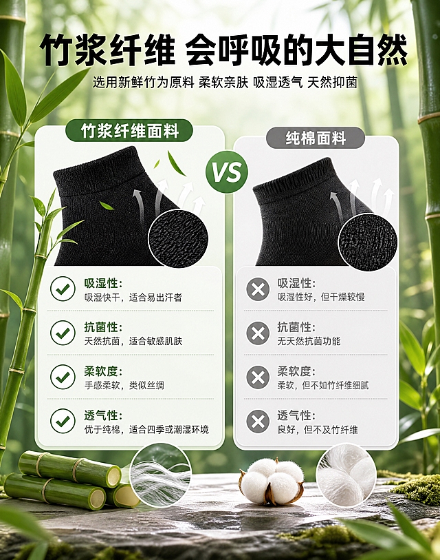 [商品] 使用【图6】【图7】黑色竹纤维中筒男袜；商品处理：保留针织纹理、中筒版型、黑色颜色和面料结构；增强面料透气纹理细节，不改变版型和颜色。
[画面] 页面目标：第4张-透气一整天脚部更健康页，参考图5风格，竹纤维vs纯棉对比；构图为左右分栏对比，左侧「竹浆纤维面料」右侧「纯棉面料」，上方大标题，背景为竹林自然场景；中间对比表格列出吸湿性、抗菌性、柔软度、透气性4项对比；阅读动线从上至下、左右对比；前景为对比卡片与面料示意，中景为竹林元素，背景为虚化的绿色竹林场景，形成3层视觉层次。
[视觉] 套系策略：风格=国内电商清新高级详情页；标题字=粗黑无衬线黑体；正文字=简洁无衬线中黑体；主色=深炭黑+竹青绿；背景延展=竹林绿色自然场景，清新通透；强调色=竹青绿，用于对勾、标签和高亮；标题色=白色/深炭黑；正文色=中深灰；组件=对比卡片、对勾/叉号图标、竹子元素；光影=自然柔光，清新通透。
[文字] 顶部主标题「竹浆纤维 会呼吸的大自然」大字号；副标题「选用新鲜竹为原料 柔软亲肤 吸湿透气 天然抑菌」；左侧竹纤维卡片4项均为对勾：「吸湿性：吸湿快干，适合易出汗者」「抗菌性：天然抗菌，适合敏感肌肤」「柔软度：手感柔软，类似丝绸」「透气性：优于纯棉，适合四季或潮湿环境」；右侧纯棉卡片4项均为叉号：「吸湿性：吸湿性好，但干燥较慢」「抗菌性：无天然抗菌功能」「柔软度：柔软，但不如竹纤维细腻」「透气性：良好，但不及竹纤维」；文字全部横向排版。
[规格] 图片尺寸790*1000px，4K，负向提示：避免变形、错字、文字过小、竖排文字、极限词、虚假功效承诺、冷蓝/蓝灰背景、袜子颜色改变、版型失真、水印、平台Logo。