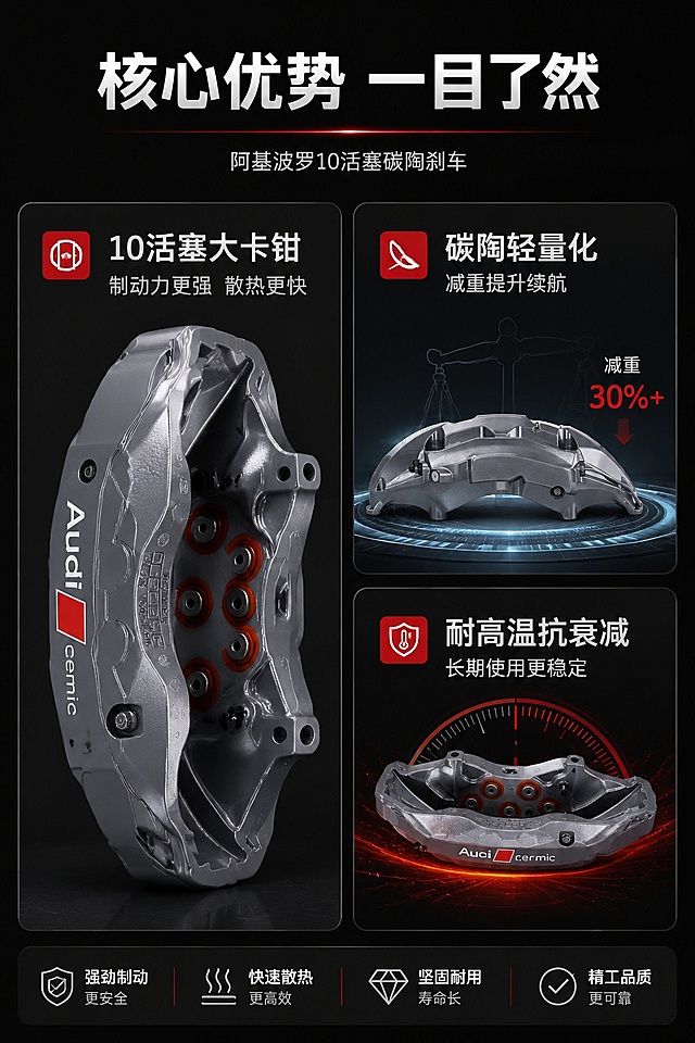[第3屏] 核心卖点总览屏，多维度展示阿基波罗10活塞碳陶刹车的优势。本屏使用【图2】【图4】细节图辅助展示。
[氛围/风格] 专业信息展示，深色科技风，卡片分区设计，通透有层次。
[元素布局] 顶部主标题，下方采用左1大+右2小的卡片布局：左侧大卡片展示卡钳背部结构使用【图4】，右侧两个小卡片分别展示减重优势和制动优势；每个卡片配图标和短文案，产品细节结构与输入图一致。
[光影质感] 卡片分层光影，每个区域光源均匀，主体产品细节清晰，文字与背景对比分明。
[配色色系] 全局底色 #1a1a1a；主色灰色产品、白色文字；辅助红色突出卖点标签。
[视角构图] 从上到下排版，卡片错落分布，阅读动线清晰。
[文字版式] 顶部主标题「核心优势 一目了然」，左侧卡片标题「10活塞大卡钳」，文案「制动力更强 散热更快」；右上卡片「碳陶轻量化」「减重提升续航」；右下卡片「耐高温抗衰减」「长期使用更稳定」，所有文字清晰不遮挡产品细节。
[比例分辨率] 9:16竖版比例，4K分辨率，文字清晰可辨，高清画质。
[负向提示词] 产品变形，结构错误，颜色偏差，文字错乱，遮挡主体，水印