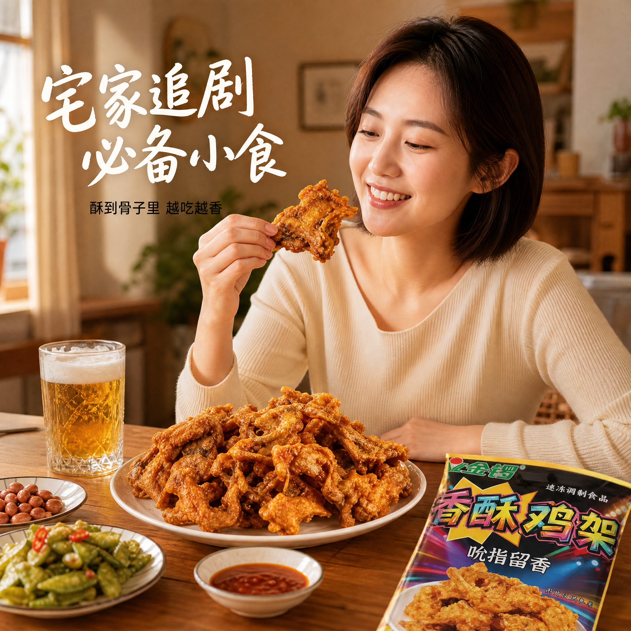 [主图-5] 食用场景图，展示家庭餐桌上有人享用香酥鸡架的温馨… - 图片创意预览