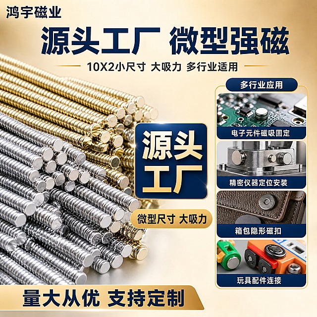 [主图-2] 单面磁 源头工厂实力图，展示批量生产和微型磁铁多用途。
[统一基调] 蓝金工业品质风格，米金色渐变背景，深蓝色主标题，浅金色辅助标签，白色说明文字，粗黑体字体，整体专业可信的源头工厂质感。左上角用文字写"鸿宇磁业"，不加任何图形logo。
[画面] 画面采用左右分栏布局，左侧展示大量圆形单面磁铁堆叠成串的阵列（金银两色），体现产能和批量实力；右侧展示微型磁铁的应用场景小图：电子元件磁吸、精密仪器、箱包隐形磁扣、玩具配件。中间有"源头工厂"大字标识和"微型尺寸 大吸力"标签。背景是柔和的米金色渐变，整体协调统一。左上角文字"鸿宇磁业"。
[光影质感] 工业摄影质感，左侧产品阵列有整齐的金属光泽和层叠阴影，右侧场景有清晰的应用展示，整体专业大气。
[配色] 背景为米金色到浅米色的渐变，主标题深蓝色，辅助说明文字用深灰色，产品保持银色/金色金属本色，整体暖色调协调。
[文字版式] 顶部深蓝色粗体大字写"源头工厂 微型强磁"，下方小字写"10X2小尺寸 大吸力 多行业适用"，底部有浅金色标签标注"量大从优 支持定制"，字体统一为现代粗黑体，文字放在负空间不遮挡主体。
[输出要求] 1:1正方形比例，2K分辨率，场景真实自然，文字清晰可读，无变形、错字、模糊、水印、平台Logo。