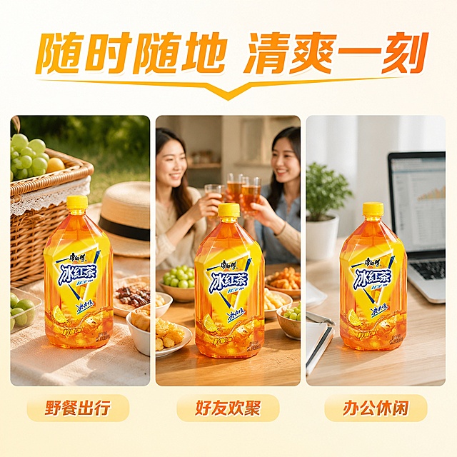 使用电商主图技能生成8张比例1:1的电商主图，适配平台为淘宝/天猫，商品为「图片1」「图片1」，商品卖点为 柠檬味冰红茶饮料，优质红茶沁人心脾香醇红茶 柠檬口味清新爽朗 冰力十足年轻活力冰爽