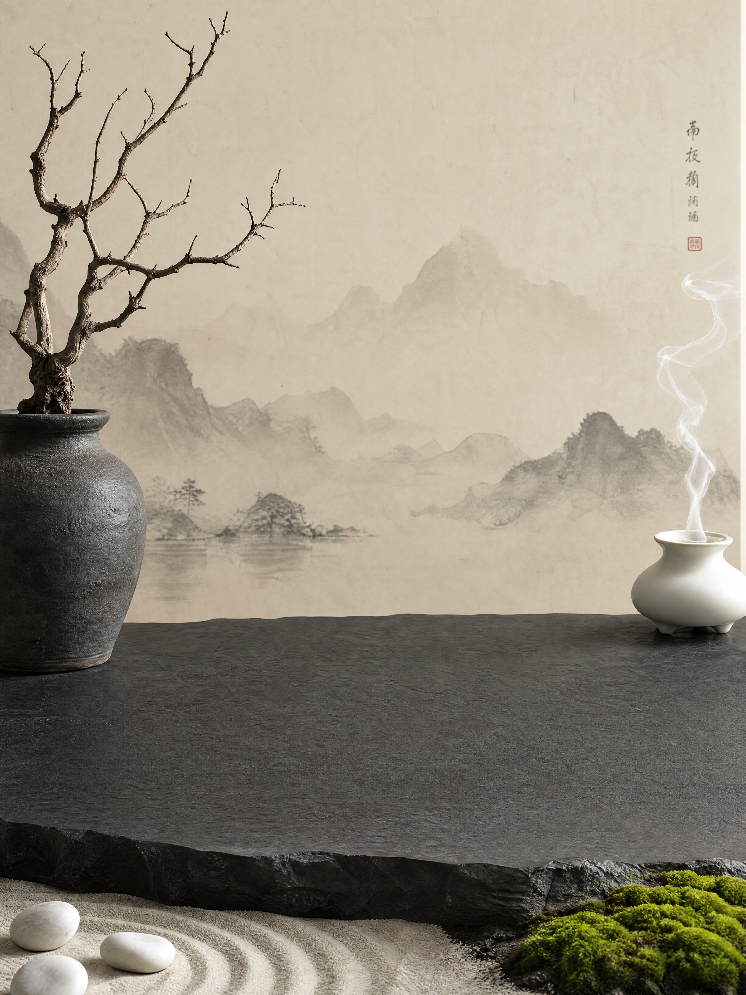 中式禅意场景，竖版构图。 主体：画面中央偏下位置留出大面积空白… - 图片创意预览