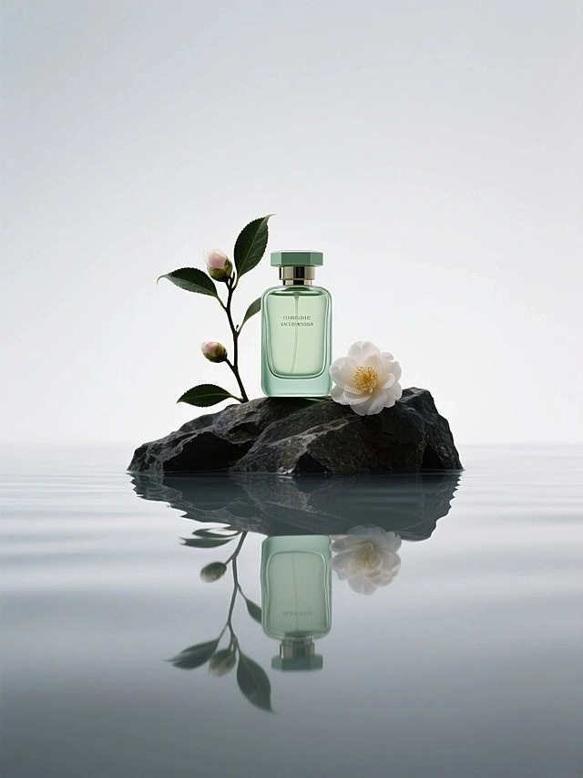 特写浅绿色香水瓶，置于深色山石上，搭配自然枝叶、山茶花点缀，用光影突出瓶身质感，呈现水面倒影，白色背景