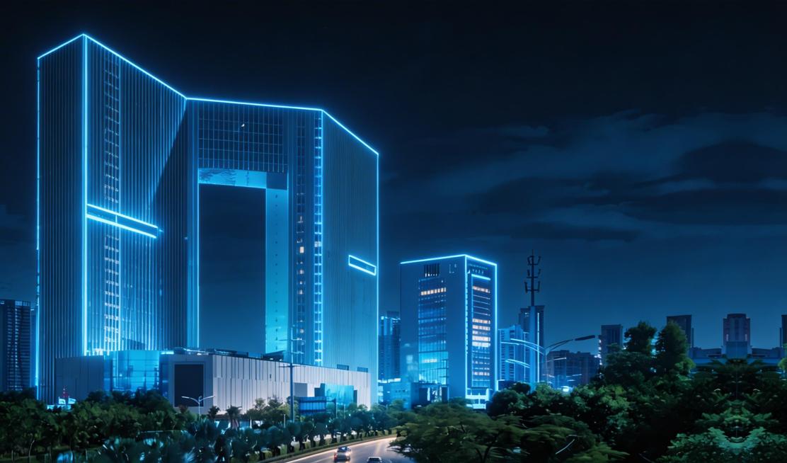 将图1的建筑修改为图2的赛博朋克科技风建筑表现风格，带有蓝色科技光效，深色夜景氛围预览效果