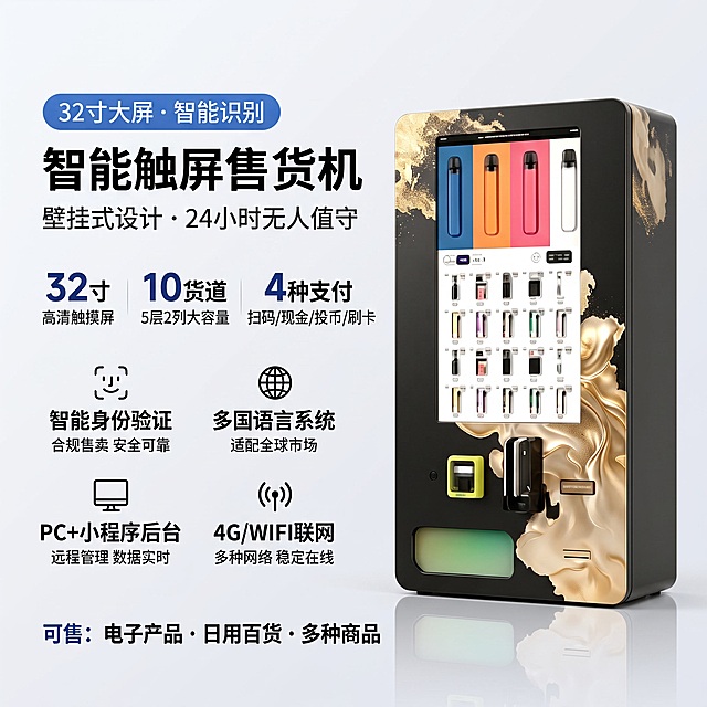 [主图-1 重制] 壁挂式智能触屏售货机首图，左文右图布局，1:1比例，浅灰白背景，机器必须完整显示不裁切。
[核心要求] 机器整体完整显示在画面右侧，左右上下都不裁切，机器周围留有适当留白。文字区域在左侧，字号适中不要过大，确保机器完整。
[氛围风格] 高端轻奢科技风，黑金质感，商业摄影质感；
[画质] 商业摄影质感、光线精致通透、产品清晰真实、画面干净高级。
[元素] 画面右侧约45%区域放置完整的黑色壁挂式智能触屏售货机，3/4正面视角，机器完整显示，顶部和底部都不裁切，左右也不裁切。黑色金属机身配金色鎏金装饰图案，上方32寸高清触摸屏亮起展示产品界面，下方10格弹簧货道（5层2列）摆满商品，底部有扫码支付区、投币器、取货口。保持售货机外观与输入产品图一致，杜绝任何变形和色差，精细化处理。机器呈壁挂状态，放置在浅灰白色反光台面上，底部有倒影。画面左侧约55%为文案区域，背景为浅灰白色渐变（#FFFFFF → #F5F5F5），干净简洁，与黑色机身形成强烈对比。
[光影] 主光从左前方精致照射，黑色金属机身有细腻高光和金色反光；32寸屏幕发出明亮彩光；金色鎏金装饰有金属光泽；整体光影对比强烈，黑金质感高级。
[配色] 主色浅灰白 #F8F8F8；辅色黑色机身、金色装饰、深蓝色标题文字；对比强烈，机器突出。
[视角构图] 3/4正面微仰视角度，完整机器位于画面右侧（约占画面宽度45%），机器完整不裁切，左侧留出文案空间，浅白背景突出黑色主体。
[文字版式] 左侧文案区左对齐排版，字号适中清晰，从上到下依次为：
1. 顶部标签"32寸大屏 · 智能识别"，深蓝底白字圆角标签，中号字；
2. 主标题"智能触屏售货机"，黑色超粗体大号字（比之前缩小，确保机器完整），分两行；
3. 副标题"壁挂式设计 · 24小时无人值守"，深灰色中号字；
4. 三个数字亮点横向排列，数字大但不过大：
   - "32寸" 深蓝色大号数字 + "高清触摸屏" 黑色小号字；
   - "10货道" 深蓝色大号数字 + "5层2列大容量" 黑色小号字；
   - "4种支付" 深蓝色大号数字 + "扫码/现金/投币/刷卡" 黑色小号字；
5. 四个卖点图标+文字两列排列，字号适中：
   - 第一行左："智能身份验证"配人脸图标，黑色粗体中号+灰色小字"合规售卖 安全可靠"；
   - 第一行右："多国语言系统"配地球图标，黑色粗体中号+灰色小字"适配全球市场"；
   - 第二行左："PC+小程序后台"配电脑图标，黑色粗体中号+灰色小字"远程管理 数据实时"；
   - 第二行右："4G/WIFI联网"配信号图标，黑色粗体中号+灰色小字"多种网络 稳定在线"；
6. 底部一行"可售：电子产品 · 日用百货 · 多种商品"，深蓝色粗体中号字。
所有文字清晰可读，层级分明，不遮挡机器，机器必须完整显示不裁切。
[输出要求] 1:1比例，文字清晰锐利，超高清商业摄影质感，机器完整。
[负向提示词] 机器裁切，机器不完整，变形，文字错乱，产品图模糊，背景杂乱，水印，电商平台Logo，颜色偏差，货道数量不对，机器超出画面。