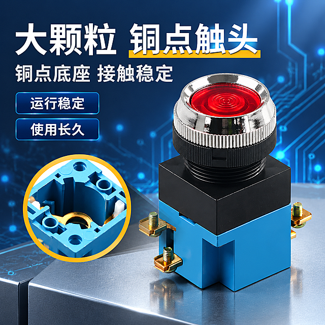 [商品] 使用【图1】LA19系列红色平头带灯按钮开关；保留红色平头按钮帽、银色金属环、黑色螺纹环、黑色+蓝色方形底座、金色铜触点螺丝的结构、比例、颜色、材质；产品精修：清理灰尘划痕毛刺，黑色和蓝色外壳质感细腻均匀，红色按钮帽颜色饱和通透，金属环和铜触点光泽清晰；左下角铜点触头内部放大图保留，蓝色底座内部铜触点清晰可见。
[画面] 淘宝主图，产品斜侧视角放置在画面右中部，占画面约50%，完整不裁切；左上角标题区占30%，左下角圆形放大图展示内部铜点结构；整体布局平衡。
[视觉] 套系策略：风格=工业科技深蓝风；标题字=思源黑体 Bold；正文字=思源黑体 Bold；主色=工业深蓝#0F2B5B；背景=深蓝色渐变科技感背景，带有电路板线路纹理和光点粒子效果，高端工业科技感，底部有浅灰色科技台面；强调色=金黄色+亮蓝色；标题色=白色/黑色；正文色=白色/黄色；组件=白色大标题、黄色高亮下划线、深蓝底白字标签、金黄色圆形放大框；光影=正前上方主光均匀打亮产品，红色按钮帽有清晰高光和通透感，底部有柔和投影和台面反光。
[文字] 文案内容全部保留不变，重新排版整齐：
左上角三行文字整齐对齐：
第一行：白色超大号粗体"大颗粒 铜点触头"，其中"铜点触头"下方配黄色高亮横条装饰；
第二行：浅灰色中号粗体"铜点底座 接触稳定"；
第三、四行：深蓝底白字标签两个，竖排整齐排列：
"运行稳定"
"使用长久"
左下角：金黄色圆形放大框内展示铜点触头内部结构，框边金黄色粗线；
所有字体统一为思源黑体 Bold，文字清晰锐利，层级分明，排版整齐。
[规格] 1:1正方形比例，800×800，4K，避免变形、错字、模糊、水印、平台Logo、产品悬浮、硬边抠图感、结构失真、文案内容改变、排版不整齐、放大图缺失。