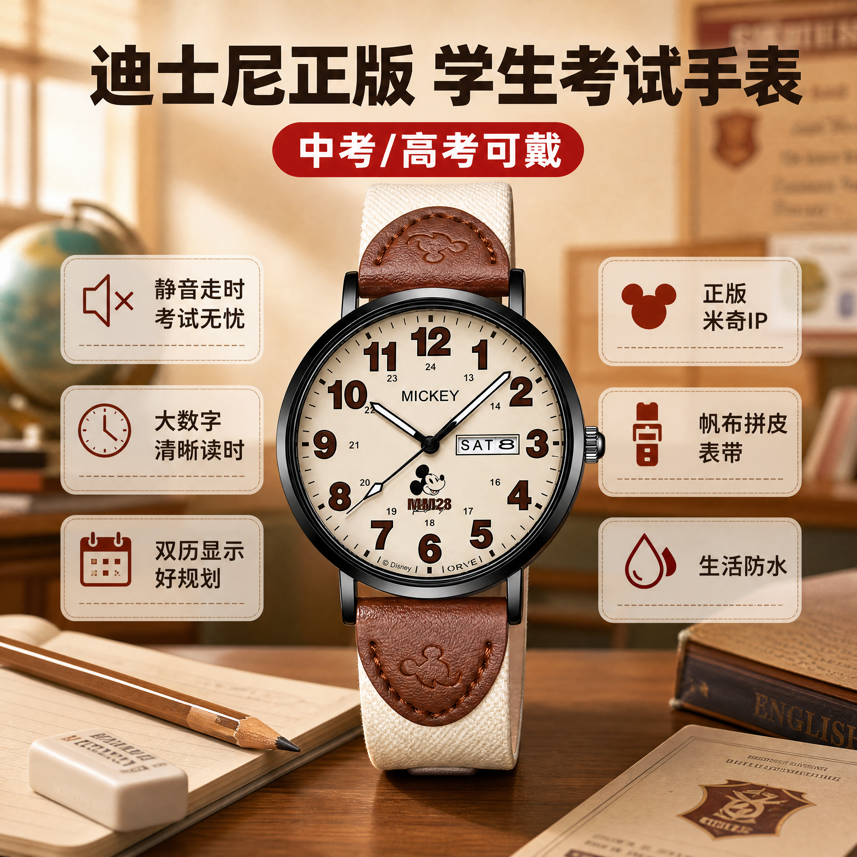 [商品] 使用【图1】迪士尼米奇学生手表；保留圆形表盘、米白色… - 图片创意预览