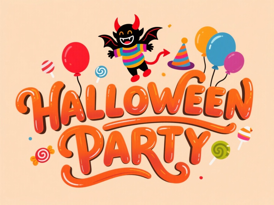 HALLOWEEN PARTY” 艺术字，上方有穿彩色条纹衣的小恶魔形象，周围搭配气球、糖果、小丑帽等元素，色彩以红橙为主，背景为浅橙色，欢快风格。预览效果