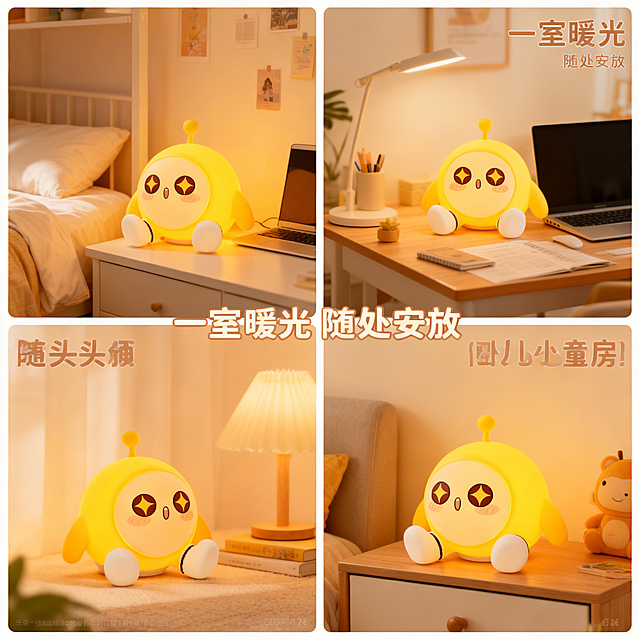 [主图 4] 可爱蛋蛋硅胶小夜灯多场景适用展示
氛围风格：温馨生活感，软萌治愈，真实自然
画面元素：四宫格排版，四个小场景分别展示：女生宿舍床头、卧室书桌、床头柜、儿童房，每个场景都放置同款黄色蛋仔小夜灯，展示产品适配不同空间，每个场景光影自然柔和，整体风格统一，四宫格间距均匀
配色色系：主色调暖黄色，每个场景搭配浅柔和色，整体清新统一
文字版式：主文案“一室暖光 随处安放”，每个小场景角落标注对应场景名称，文字浅棕色不遮挡产品，整体布局平衡
比例分辨率：2k分辨率