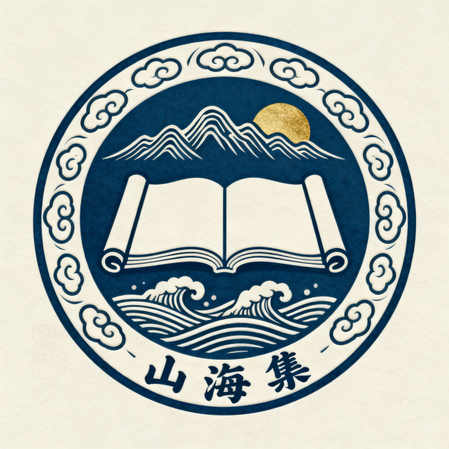 校园文创品牌Logo，品牌名为“山海集”，国风徽章设计。Logo呈圆形，外圈为祥云纹样环绕，内圈上方为连绵山峦的抽象线条，中部为一本展开的书卷，书卷上方悬浮一轮不完整的太阳，书卷下方为翻卷的浪花线条。预览效果