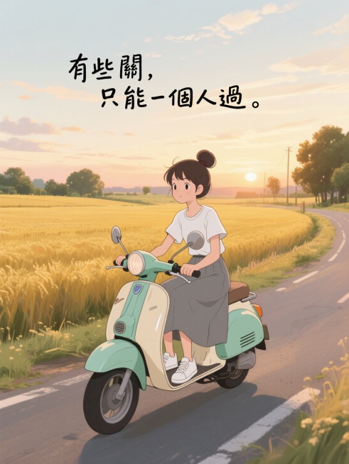 插画，美丽年轻女生，漫画，宫崎骏风格，丸子头，白T恤，灰色长裙，小白鞋。骑在一辆复古风格的薄荷绿与米白色相间的踏板摩托车上，乡村公路场景，公路旁是大片金黄色的田野，远处有树木，天空呈现出黄昏时分的暖色预览效果
