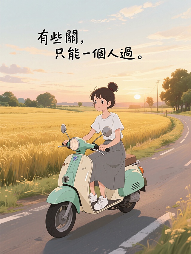 清新插画风，少女骑车穿行麦田，夕阳洒落，尽显夏日田园浪漫。