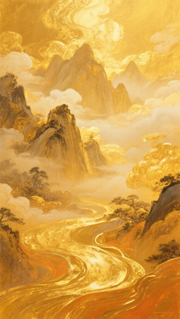 具有浓厚油画质感的金色调背景，画面中呈现出鎏金般的光泽与流动感，细腻的笔触营造出丰富的纹理层次，融入写意山水元素，远山轮廓在金色云雾中若隐若现，整体色调以金黄、暖橙为主，光影交错间展现出庄重而辉煌的氛围，传达出国运昌荣的中式意境，画面充满高级感与艺术张力，视觉上给人以大气磅礴、祥瑞和谐的感受。预览效果