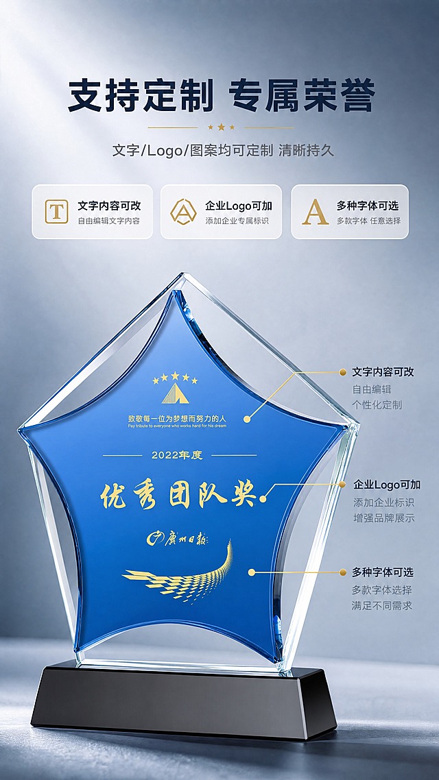 [商品] 使用【图1】蓝色五星水晶奖杯；保留五星造型、蓝色水晶面板、透明水晶外框、黑色梯形底座、整体比例与结构；蓝色面板上的刻字区域保持清晰，增强刻字质感，不改变奖杯原有结构。
[画面] 页面目标：定制刻字能力展示，突出可定制优势。构图特写奖杯蓝色五星面板区域，占画面约60%，聚焦刻字面的清晰效果，旁边用细引线标注可定制内容区域，背景为柔和渐变，体现定制化服务价值。
[视觉] 套系策略：风格=商务高级感商业摄影；标题字=现代无衬线粗黑体；正文字=简洁无衬线体；主色=深海蓝+高级灰；背景延展=基于蓝灰做深浅渐变、同色系层次和细腻哑光质感；强调色=金色，仅用于小面积图标、引线和装饰线条；标题色=深海蓝；正文色=中灰；组件=简约线条分割、圆角信息卡、细引线；光影=正面柔光，确保刻字面清晰可见。
[文字] 上方主标题「支持定制 专属荣誉」，副标题「文字/Logo/图案均可定制 清晰持久」，下方3个定制说明「文字内容可改｜企业Logo可加｜多种字体可选」，配细引线指向奖杯刻字区域，全部文字横向排版。
[规格] 图片比例9:16竖版，4K分辨率，避免变形、错字、文字过小、刻字模糊、极限词。