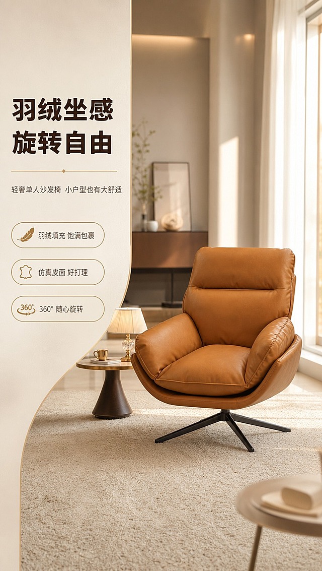 [商品] 使用【图1】焦糖棕色单人旋转沙发椅；保留整体结构：高靠背、宽扶手、羽绒饱满座垫、黑色铁艺星形底座、360°旋转脚；保留焦糖棕仿真皮颜色与质感、缝线细节、金属底座光泽；不改变产品比例与造型。
[画面] 目标：轻奢风格空间头图，展示产品全貌与居家氛围。左文右景版式，左侧约1/3竖列文案区，右侧约2/3为现代轻奢客厅大场景；产品置于画面右侧中心，主体占画面约55%；角度为微侧前方45°，完整展示靠背、扶手、座垫与旋转底座；前景浅米色地毯，中景单人椅+侧边小边几+台灯，后景虚化暖白墙面与落地窗纱；暖调午后自然光从右侧洒入，营造慵懒高级居家氛围。
[视觉] 套系策略：风格=现代轻奢暖调家居商业摄影；标题字=思源黑体粗体；正文字=思源黑体常规；主色=焦糖棕；背景延展=基于米白+浅暖棕做深浅层级、同色渐变和细腻哑光墙面/织物质感；强调色=古铜金，仅用于小面积图标、引线和标签；标题色=深棕黑；正文色=暖灰棕；组件=圆角浅棕信息卡、细金引线、胶囊形卖点框；光影=右前侧暖柔光，柔和阴影。
[文字] 左侧竖列文案区：主标题「羽绒坐感 旋转自由」（8字），副标题「轻奢单人沙发椅 小户型也有大舒适」（14字），下方3条亮点胶囊框：「羽绒填充 饱满包裹」「仿真皮面 好打理」「360° 随心旋转」；文字不遮挡产品主体，全部横向排版，手机端清晰可读。
[规格] 图片比例9:16竖版，4K分辨率，负向提示：避免变形、错字、文字过小、产品颜色改变、结构缺失、底座变形、冷蓝背景、绝对化用语。