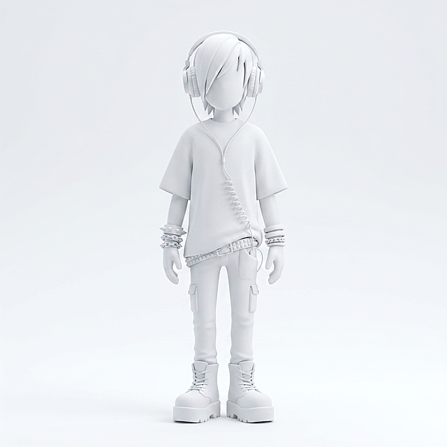 站立的emo boy 3D小人，极简风格，无五官，y2k亚文化风格，纯白背景，整体白色配色，穿着白T恤，佩戴手链，头戴有线耳机听音乐，立体简约设计