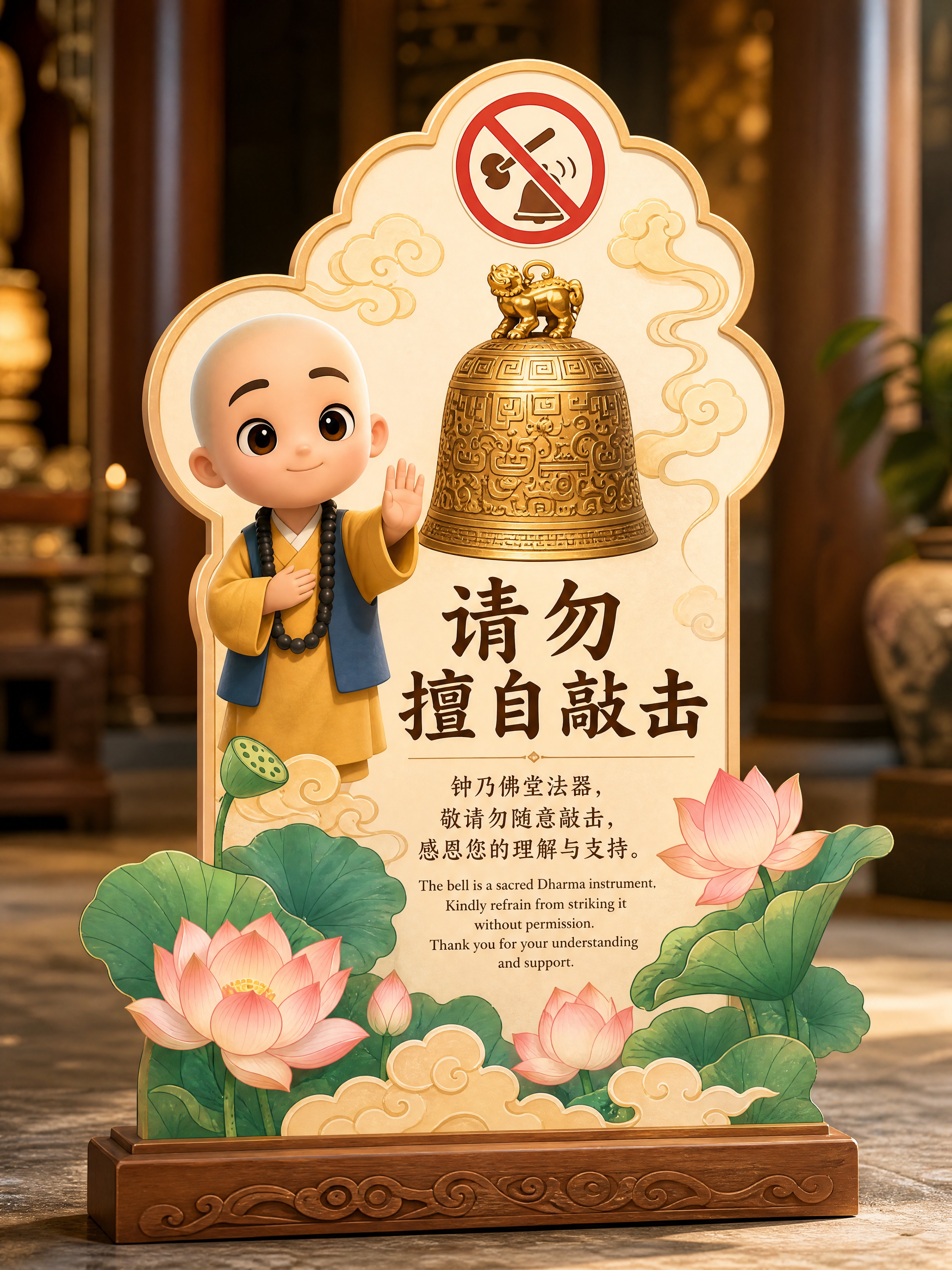 佛堂温馨提示站立牌设计，竖版立牌造型，中国风国潮风格。画面主体… - 图片创意预览