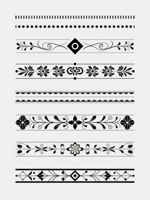 一系列变换样式的装饰性分隔线，维持简约黑白设计风格，线条有直有曲，搭配菱形、圆点、花卉、涡旋等几何与有机图案元素，保持对称平衡的构图，每个分隔线样式独特且具有装饰美感，整体呈现出优雅精致的视觉效果，适合用于排版设计中的内容分隔。预览效果