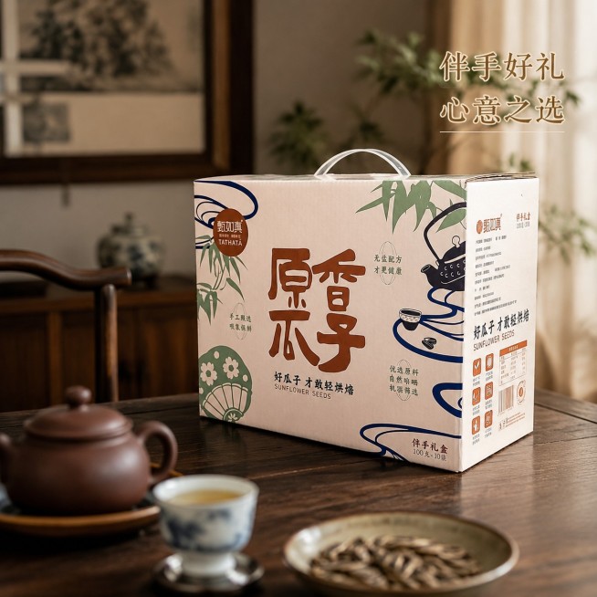 [主图-4] 礼盒场景展示图
[氛围风格] 生活场景代入，送礼场景展示
[质感] 商业摄影质感、光线柔和通透、产品清晰真实、画面干净高级
[元素] 原香瓜子礼盒摆放在中式茶桌的一角，旁边搭配茶具和茶叶预览效果