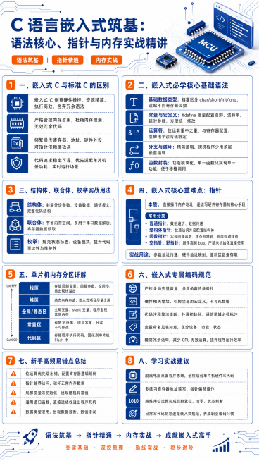 生成一张科技商务风信息长图，参考上传图片的版式风格，整体干净规整，采用主深蓝#094099、点缀橙#FF7922、底色纯白配色。内容是"C 语言嵌入式筑基：语法核心、指针与内存实战精讲
一、嵌入式 C预览效果