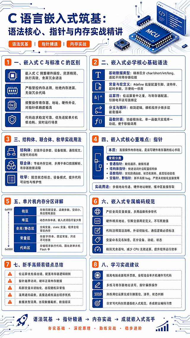 生成一张科技商务风信息长图，参考上传图片的版式风格，整体干净规整，采用主深蓝#094099、点缀橙#FF7922、底色纯白配色。内容是"C 语言嵌入式筑基：语法核心、指针与内存实战精讲
一、嵌入式 C 与标准 C 的区别
嵌入式 C 侧重硬件操控、资源精简、执行高效，舍弃冗余语法
严格管控内存占用，杜绝内存泄漏、无效冗余代码
频繁操作寄存器、地址、硬件外设，对指针依赖度极高
代码追求稳定可靠，优先适配单片机低功耗、实时运行场景
二、嵌入式必学核心基础语法
基础数据类型：精准区分char/short/int/long，适配不同寄存器位数
常量与宏定义：#define批量配置引脚、波特率、延时参数，方便统一修改
运算符：位运算重中之重，与寄存器配置、引脚电平读写强绑定
分支与循环：精简逻辑，裸机程序少用多层嵌套循环
函数封装：功能模块化，单一函数只实现单一功能，便于移植调用
三、结构体、联合体、枚举实战用法
结构体：封装外设参数、设备数据、通信报文，规整代码结构
联合体：节省内存空间，多用于串口数据解析、寄存器数据读取
枚举：规范状态标志、设备模式，提升代码可读性与维护性
四、嵌入式核心重难点：指针
本质：直接操作内存地址，是读写硬件寄存器的核心手段
常用分类
普通指针：数组遍历、数据传递
结构体指针：快速访问外设配置结构体
函数指针：实现回调函数、状态机跳转、底层驱动挂载
空指针、野指针：新手高频 bug，严禁未初始化直接使用
实战用途：参数地址传递、硬件地址映射、缓冲区数据存取
五、单片机内存分区详解
栈区：存放局部变量、函数参数，空间小，易出现栈溢出
堆区：动态内存申请，嵌入式项目尽量少用
全局 / 静态区：全局变量、static 变量，程序全程常驻内存
常量区：存放字符串、固定常量，只读不可修改
代码区：存储程序执行代码，固化到单片机 Flash 中
六、嵌入式专属编码规范
严控全局变量数量，多用函数传参替代
硬件相关地址、引脚全部用宏定义，不写死数值
代码注释简洁清晰，外设初始化、通信逻辑必须标注
变量命名见名知意，区分设备、功能、状态
精简冗余语句，减少 CPU 无效运算，提升程序运行效率
七、新手高频易错点总结
位运算优先级出错，配置寄存器逻辑颠倒
指针越界访问，破坏正常内存数据
局部变量未初始化，出现随机异常值
滥用递归函数，直接造成栈溢出程序死机
数据类型混用，出现数据截断、数值错误
八、学习实战建议
脱离电脑桌面程序思维，全程结合单片机硬件写代码
多练习寄存器地址读写、指针偏移操作
熟练用位运算完成引脚置位、清零、状态判断
日常写代码刻意遵循嵌入式规范，养成职业编码习惯"，排版清晰，布局规整，科技元素点缀，保持色彩统一