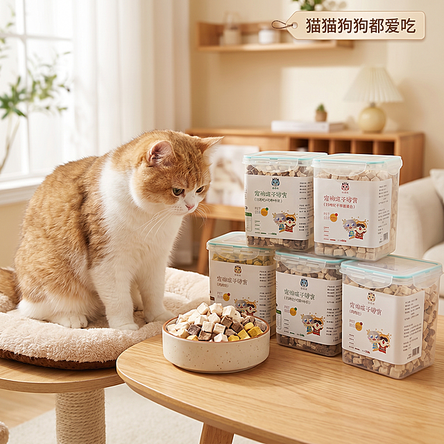 [主图-4] 宠物冻干零食使用场景展示，增强代入感。氛围风格：自然温馨生活方式，淘宝天猫电商风格。画质：商业摄影质感，光线柔和通透，产品清晰真实，画面干净高级。保持产品包装外观一致。元素：猫咪在宠物垫旁好奇看着面前碗里的冻干零食，桶装冻干成品放置旁边桌面上，背景是干净温馨的室内居家环境，自然真实。商品主体占比65%。光影：室内柔和自然光，氛围温馨舒适。配色：暖灰色家居风格背景，搭配原木色桌面，自然柔和。视角构图：浅景深，焦点落在冻干产品，虚化背景突出主体。文字版式：右上角小标签文案写"猫猫狗狗都爱吃"，字体清晰不遮挡主体。比例分辨率：1:1比例，2k分辨率，文字清晰锐利，超高清。负向提示词：变形，水印，文字错乱，产品模糊，背景杂乱，绝对化违禁词，联系方式，诱导文案。