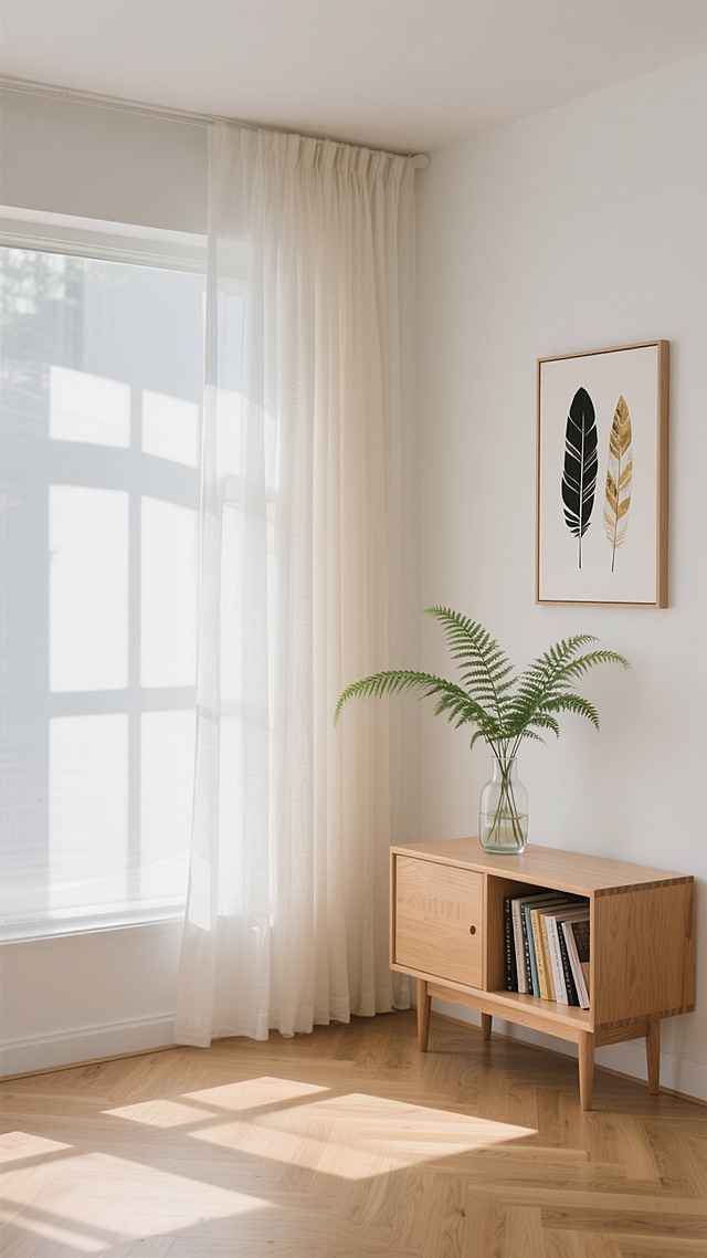 北欧极简风格居家背景，原木色木地板，纯净白色墙面，柔和自然光透过窗户形成清晰的十字光影，左侧垂落的米白色半透明纱帘，旁边靠墙斜立着一幅带有黑色、白色和金色羽毛图案的装饰画，右侧是浅木色小边柜，柜上透明玻璃花瓶插着绿色蕨类植物，柜内整齐摆放几本书籍，整体营造出宁静、温馨、自然、简约的居家氛围，光线明亮柔和，色彩以原木色、白色、米色为主，色调温暖和谐，细节清晰，质感真实。