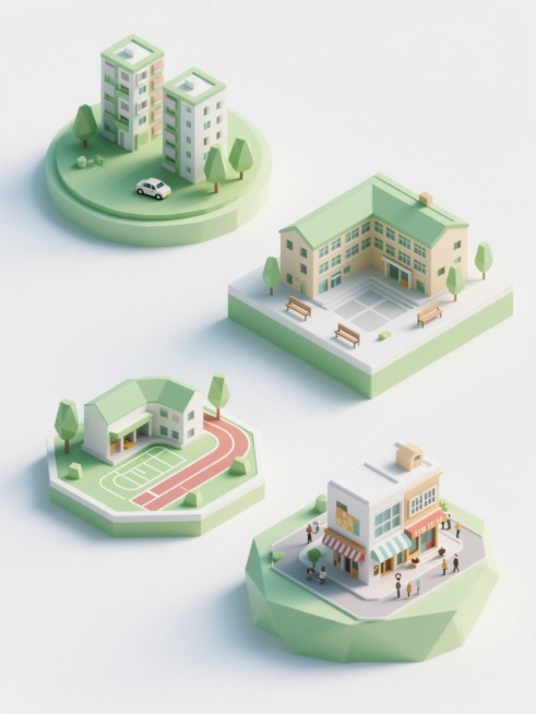 一系列四个不同造型的社区元素3D立体插画，每个元素保持统一的低多边形风格，使用清新的绿色和白色为主色调，柔和的顶部光源投射出轻微阴影，表面有细腻的渐变质感。第一个元素是圆形底座上的多层住宅楼群，搭配圆预览效果