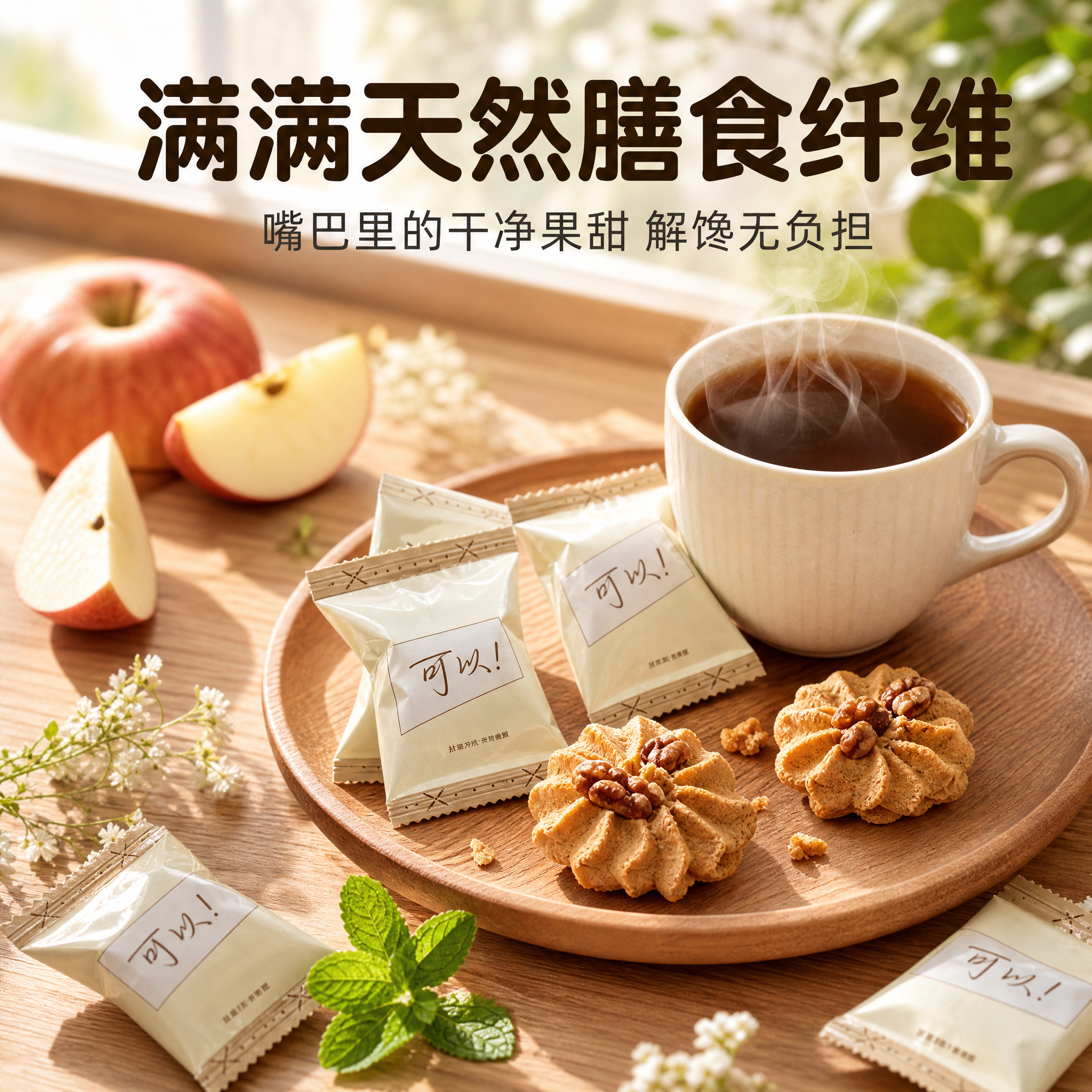 电商主图，核桃苹果脆天然膳食纤维生活场景主题首图，治愈轻松下午… - 图片创意预览