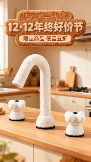 将图示商品变成毛绒绒质感，还原商品颜色细节。将商品放在暖色温馨的厨房操作台上，画面上方棕色毛绒艺术字牌“12·12 年终好价节”“限定商品 低至五折”装饰。预览效果