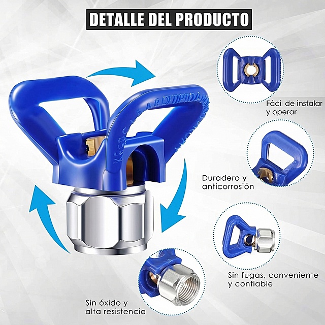 基于原图，保留布局和产品展示风格，替换所有英文为西班牙语：PRODUCT DETAIL → DETALLE DEL PRODUCTO；Easy to install and operate → Fácil de instalar y operar；Durable and anti-corrosion → Duradero y anticorrosión；No teaking, convenient and reliable → Sin fugas, conveniente y confiable；No rust and high strength → Sin óxido y alta resistencia。输出尺寸固定为1200x1200像素。