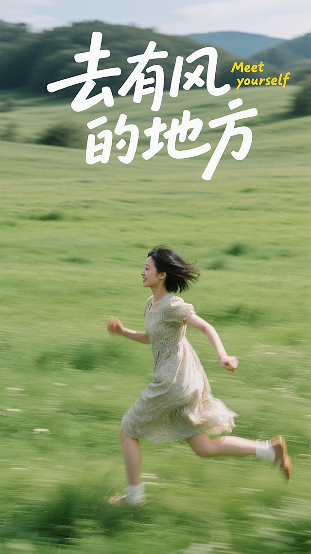 写实摄影风，远景，广袤的绿色草地中，有一位奔跑的连衣裙少女，动态模糊处理。标题内容为白色艺术字"去有风的地方”，黄色英文小字"Meet yourself”装饰点缀